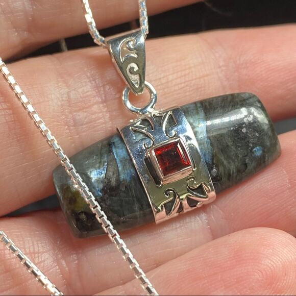 Larvikite Black Moonstone & Garnet Pendant Sterling Silver Necklace 18 - Picture 7 of 9